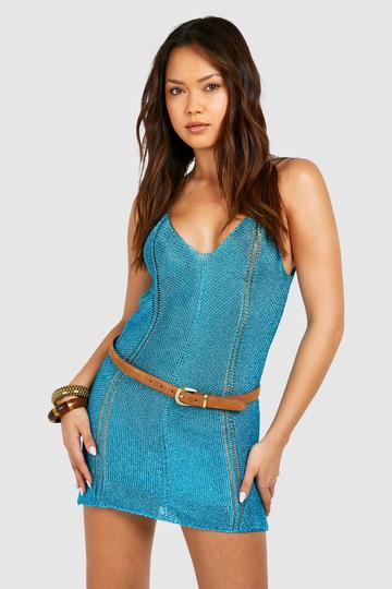 Turquoise Bleu Metallic Knit Mini Dress