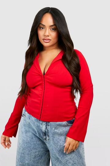 Plus Bengaline Hook And Eye Corset Shirt Top cherry