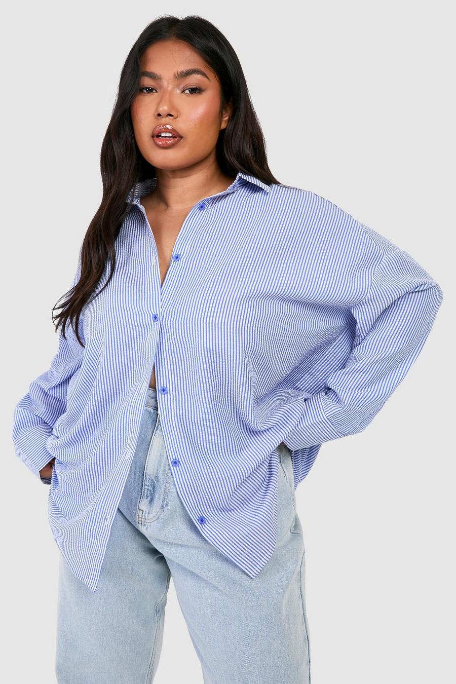 Camicia Plus Size oversize in seersucker a righe, Blue image number 1