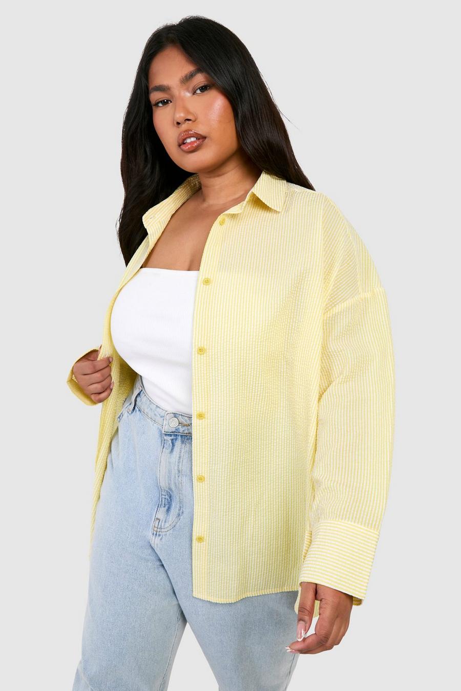 Camicia Plus Size oversize in seersucker a righe, Lemon image number 1