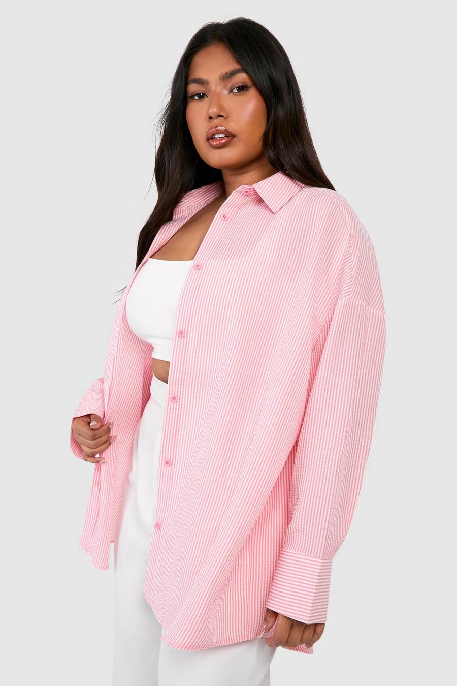 Camicia Plus Size oversize in seersucker a righe, Pink