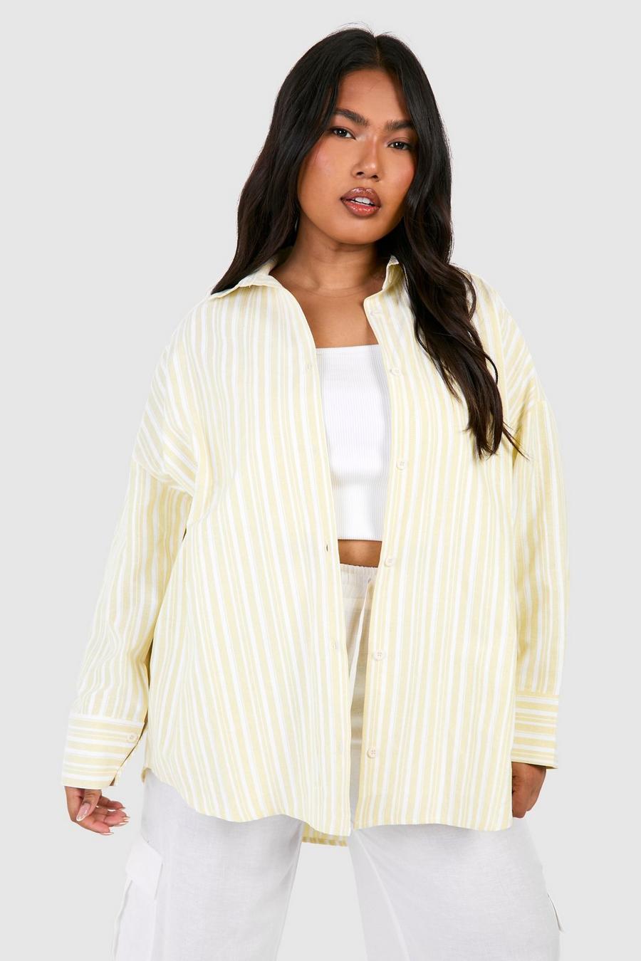 Camicia Plus Size oversize in lino a righe, Lemon image number 1