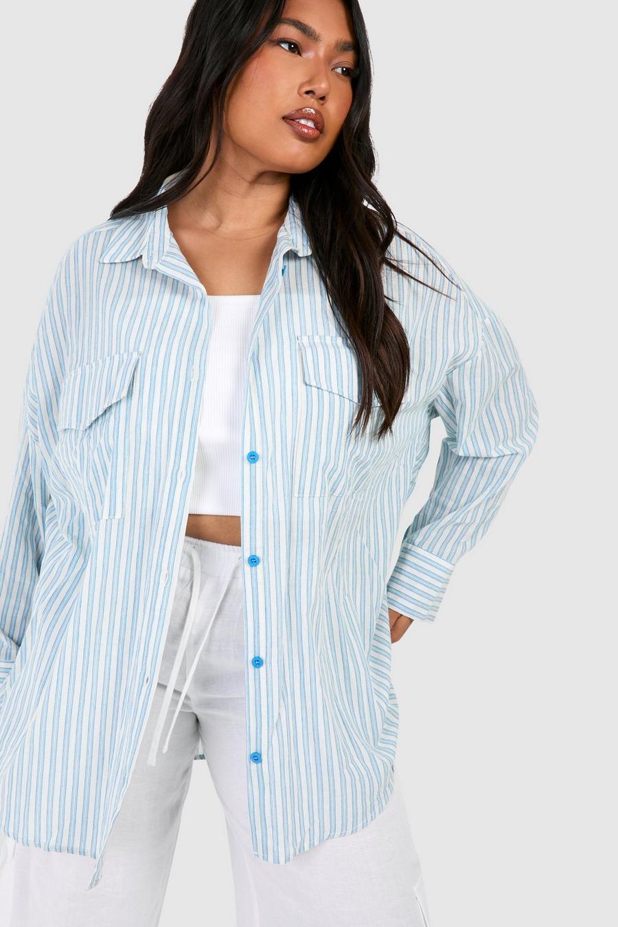 Camicia Plus Size oversize a righe stile Utility, Blue