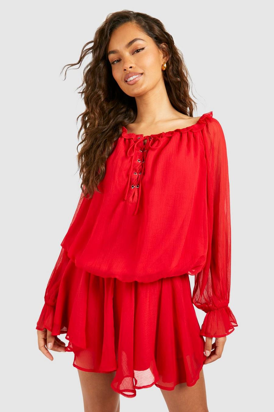 Red Blouson Chiffon Mini Dress
