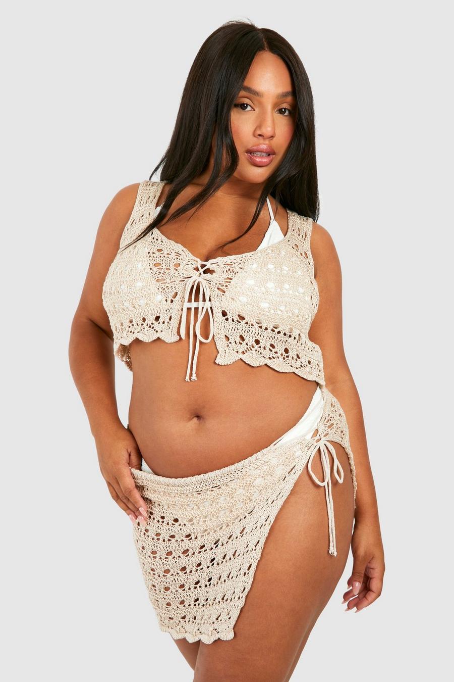 Cream Plus Crochet Top And Mini Skirt Beach Co-ord image number 1