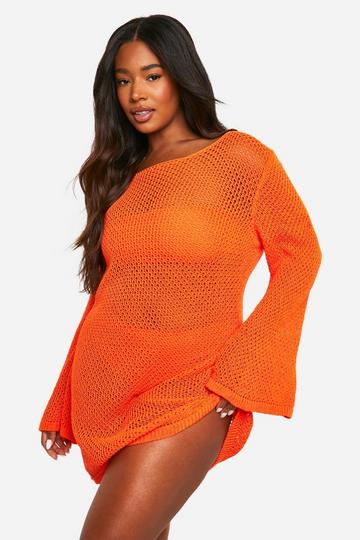 Plus Flared Sleeve Mini Beach Dress orange
