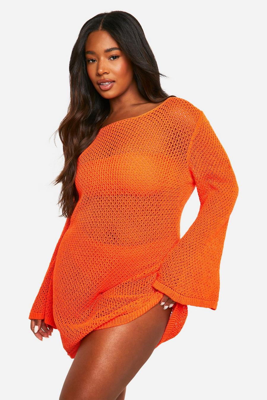 Orange Plus Flared Sleeve Mini Beach Dress