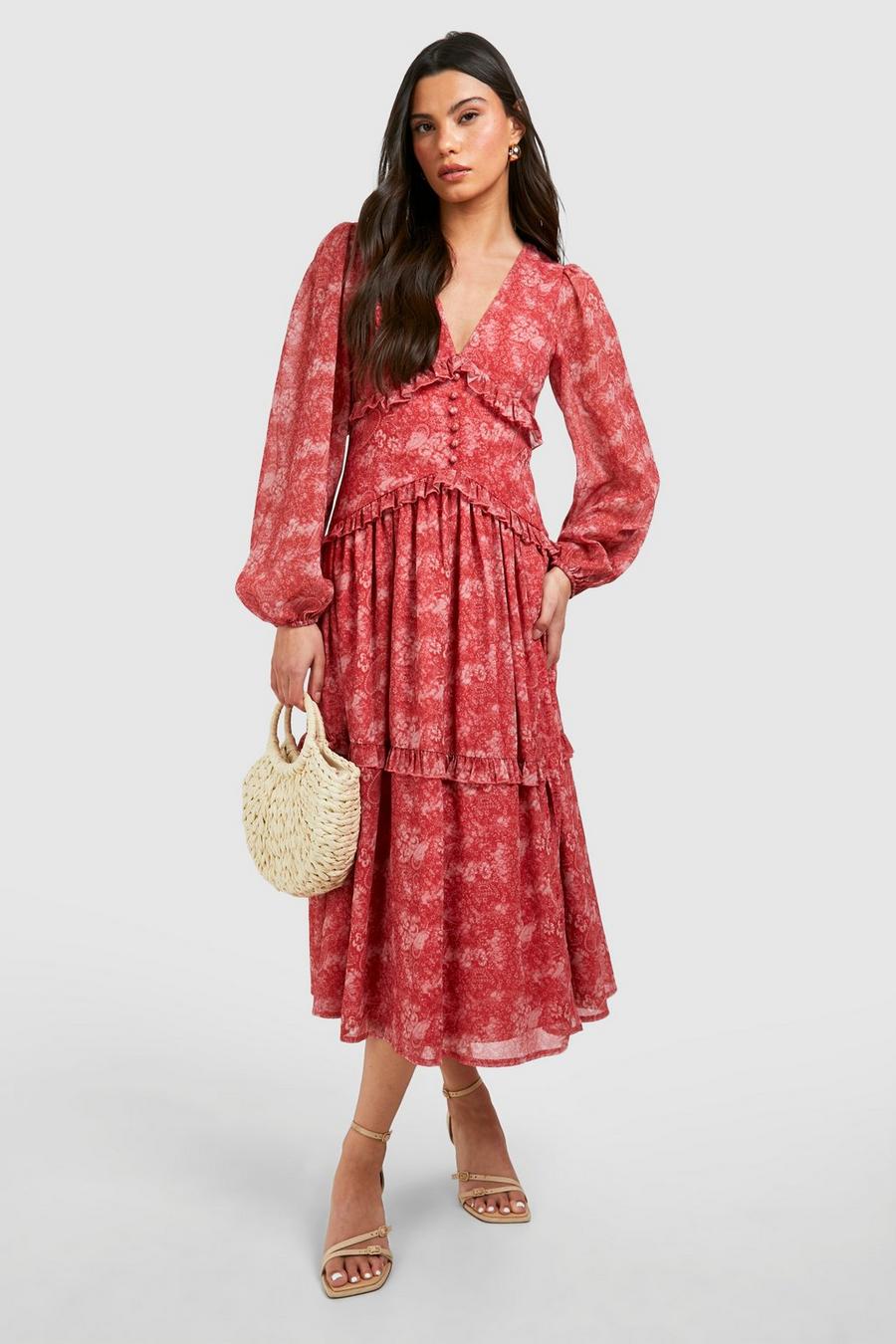 Red Paisley Print Ruffle Smock Dress image number 1