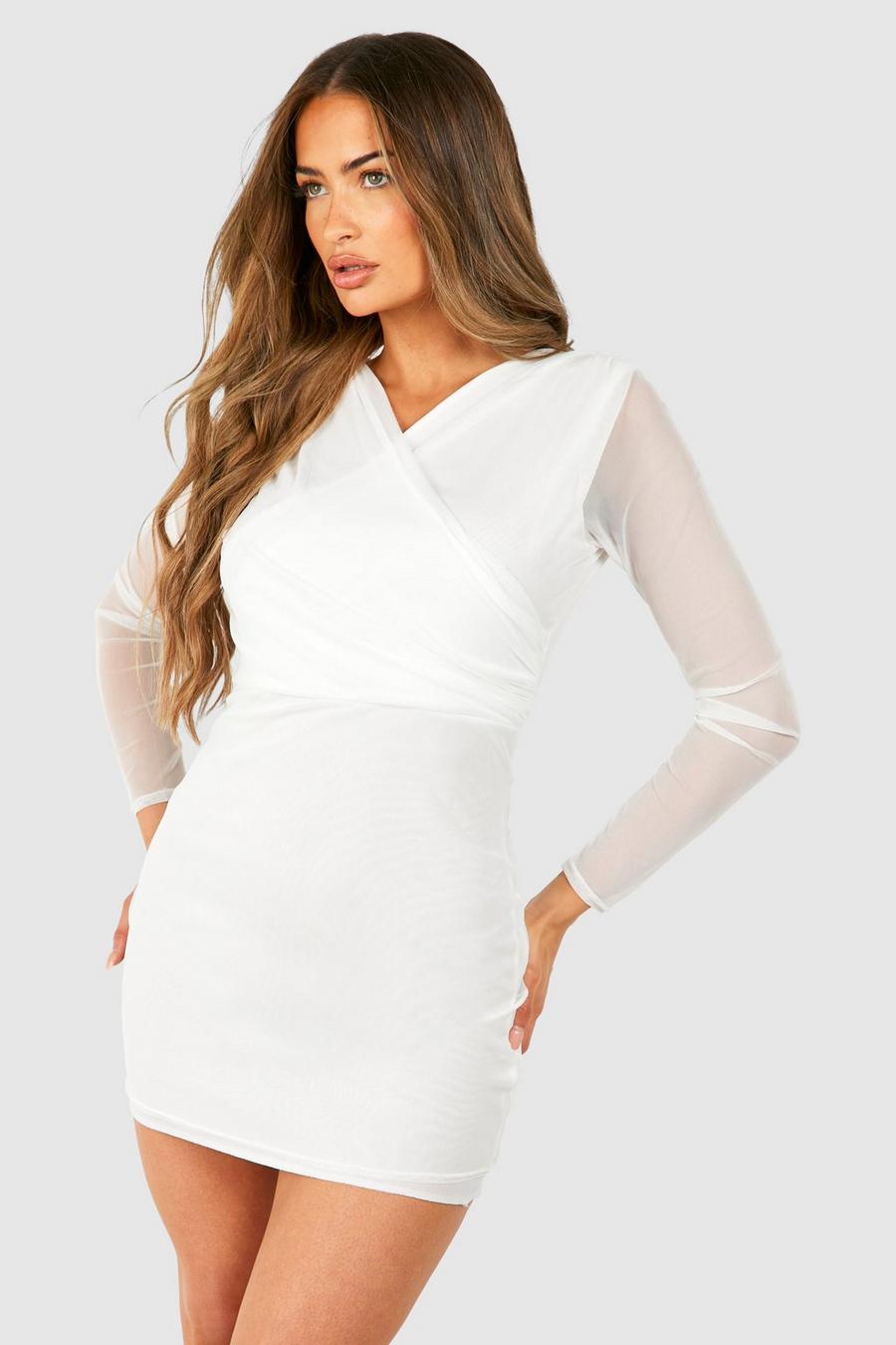 White Mesh Cross Over Ruched Mini Dress image number 1