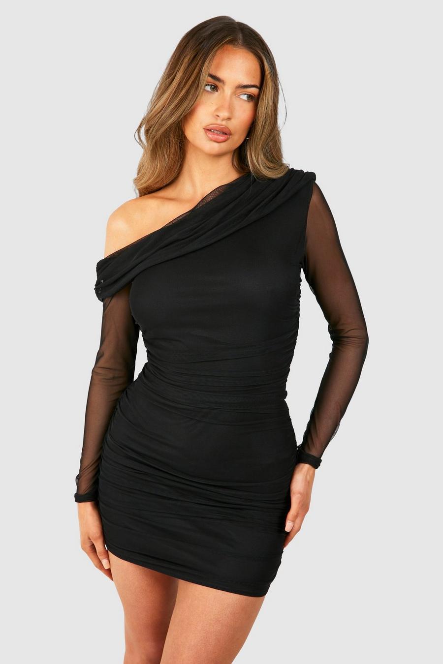 Black One Shoulder Ruched Mesh Long Sleeve Mini Dress image number 1