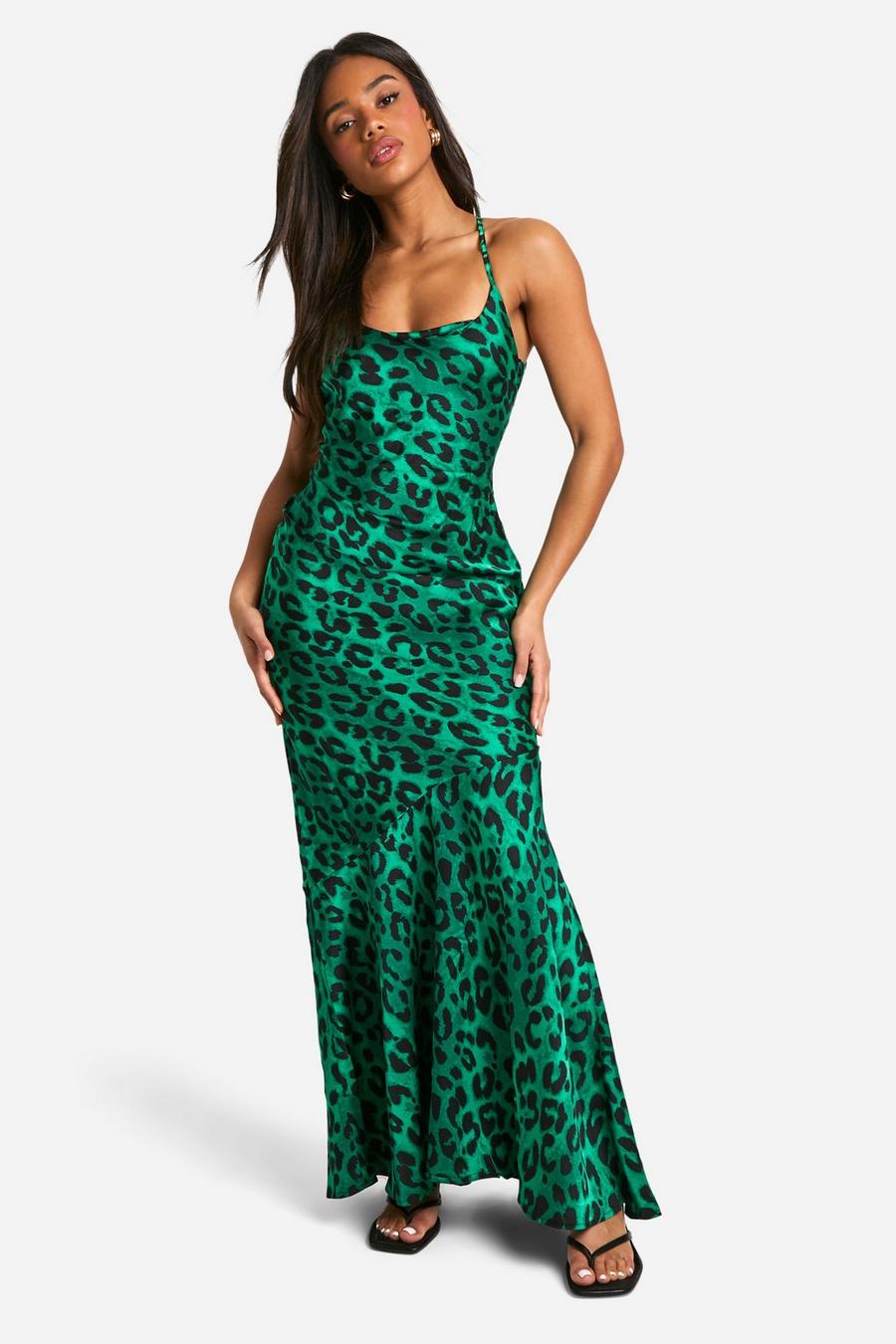 Vestido maxi de leopardo con atadura en la espalda y volante en el bajo, Green image number 1