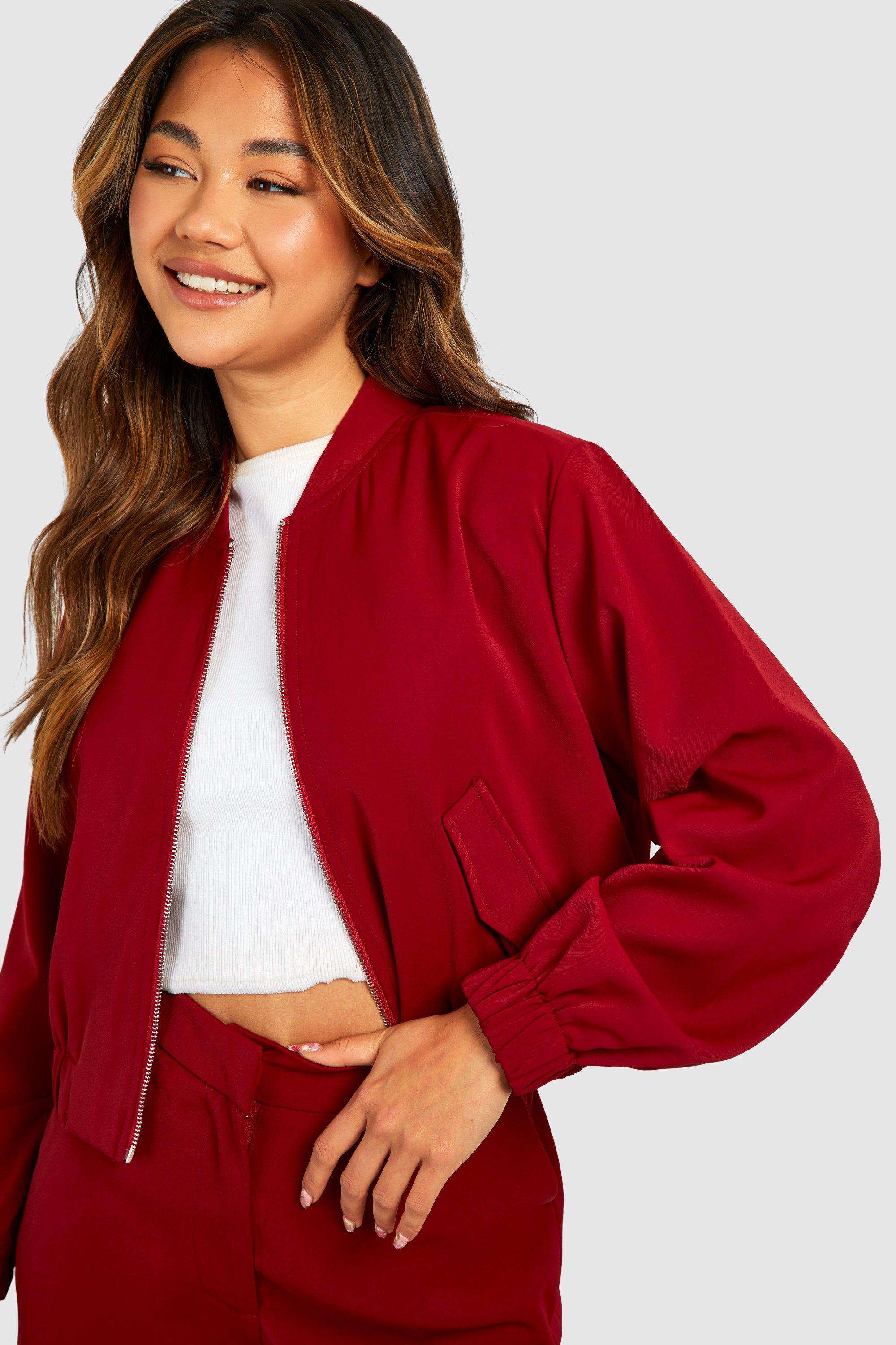 Cherry Red Woven Bomber Jacket | boohoo