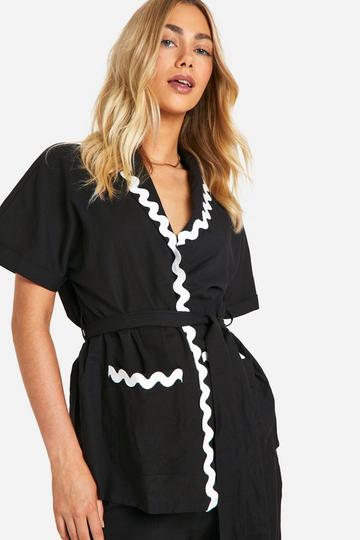 Contrast Trim Tie Waist Longline Shirt black