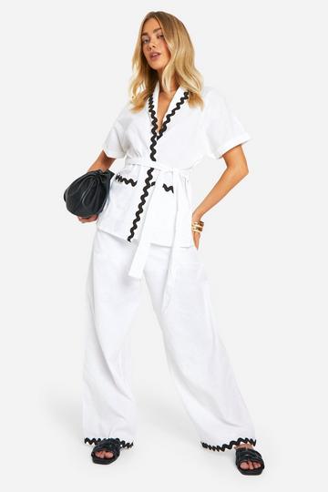 Contrast Trim Wide Leg Trousers ivory