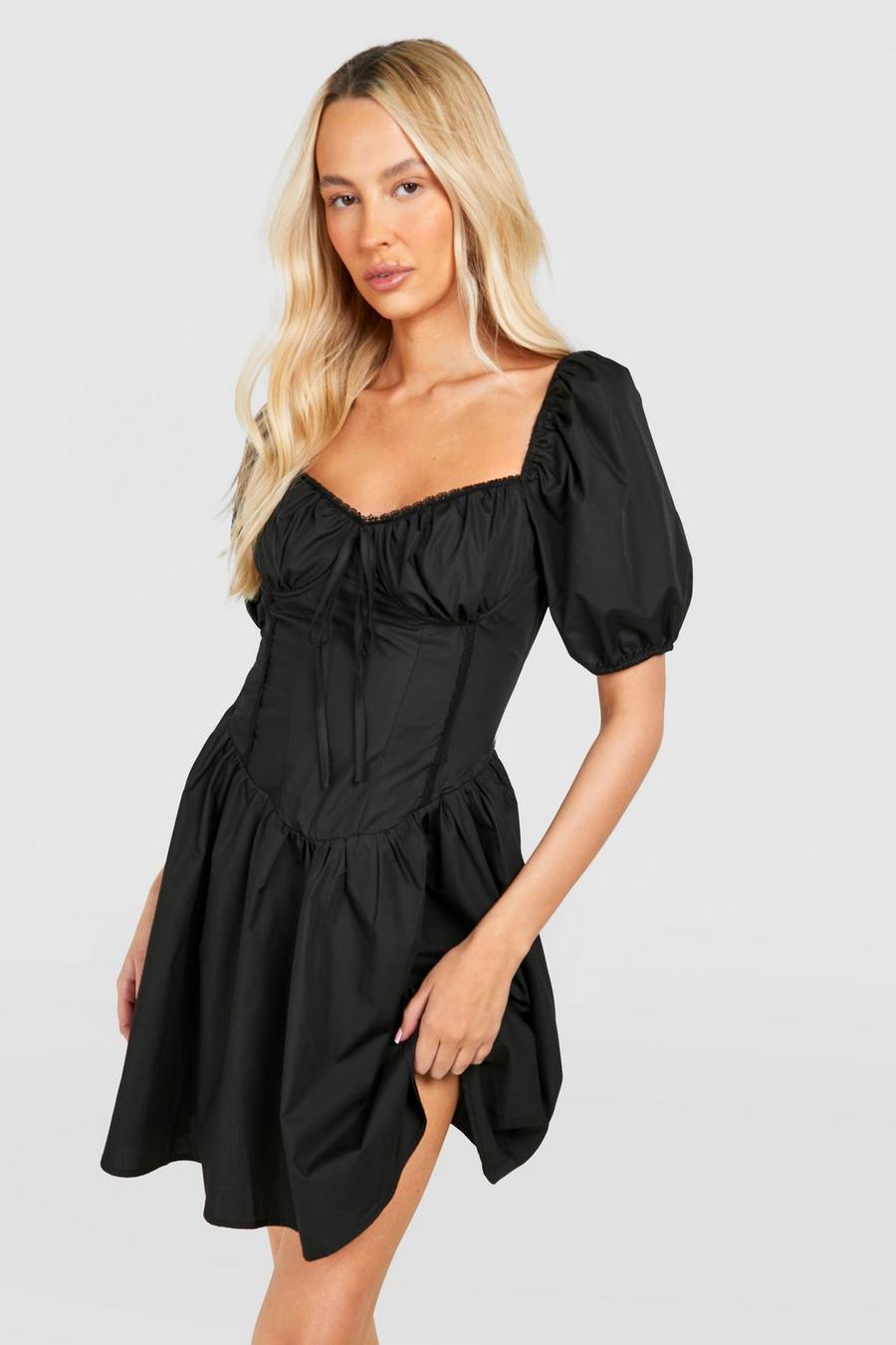 Black Tall Woven Puff Sleeve Milkmaid Mini Dress image number 1