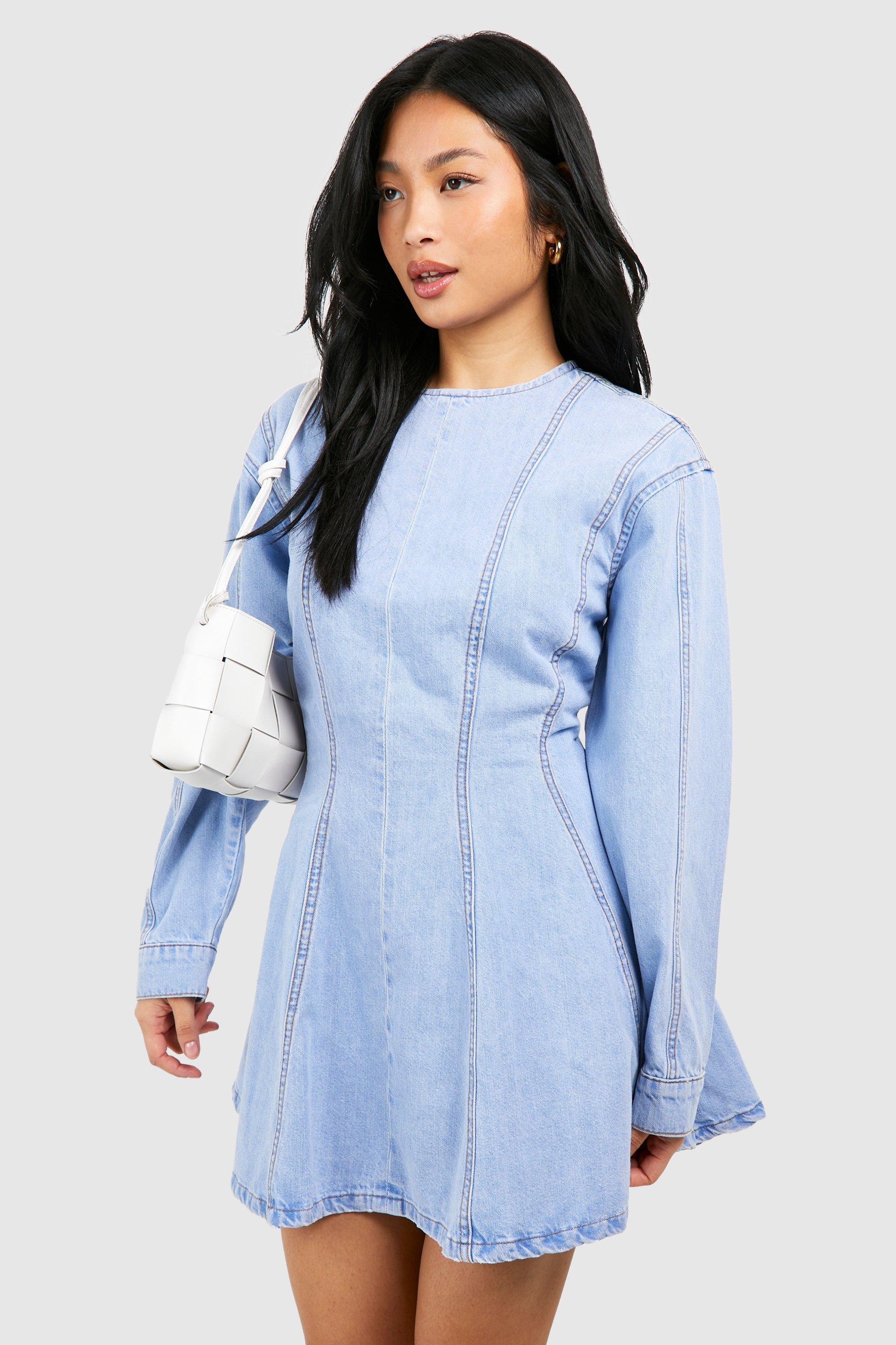 Petite Seam Detail Denim Skater Dress | boohoo