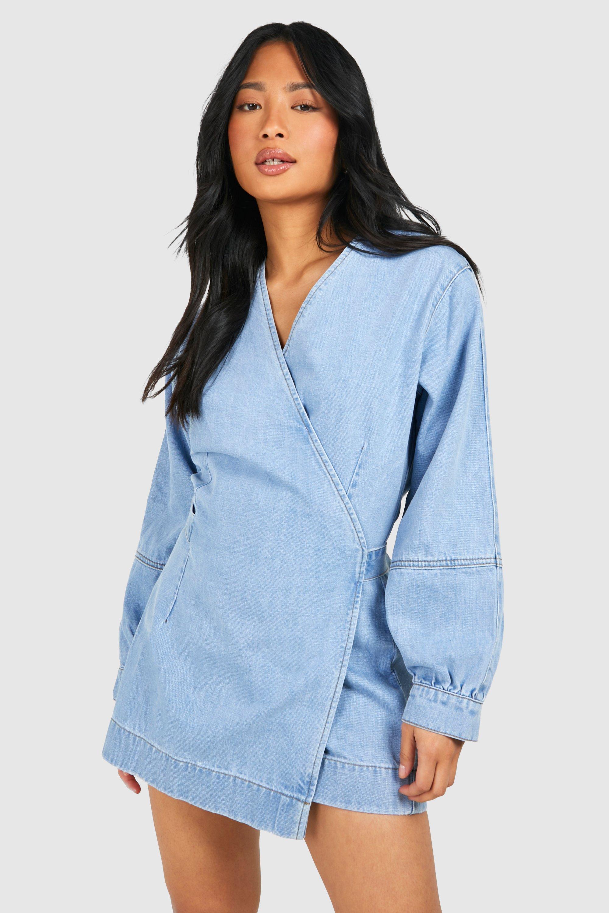 Petite Volume Sleeve Denim Wrap Dress | boohoo