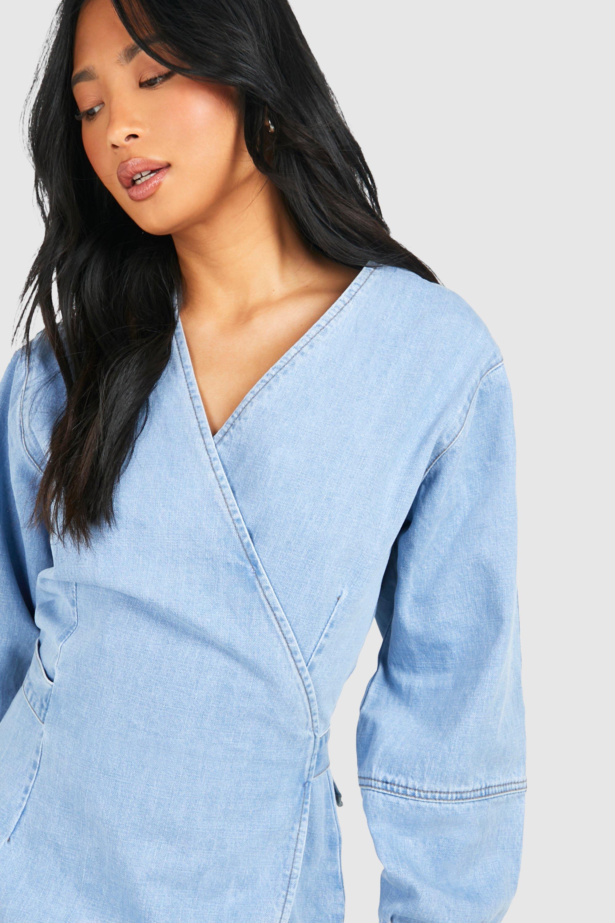 Boohoo denim best sale v neck dress