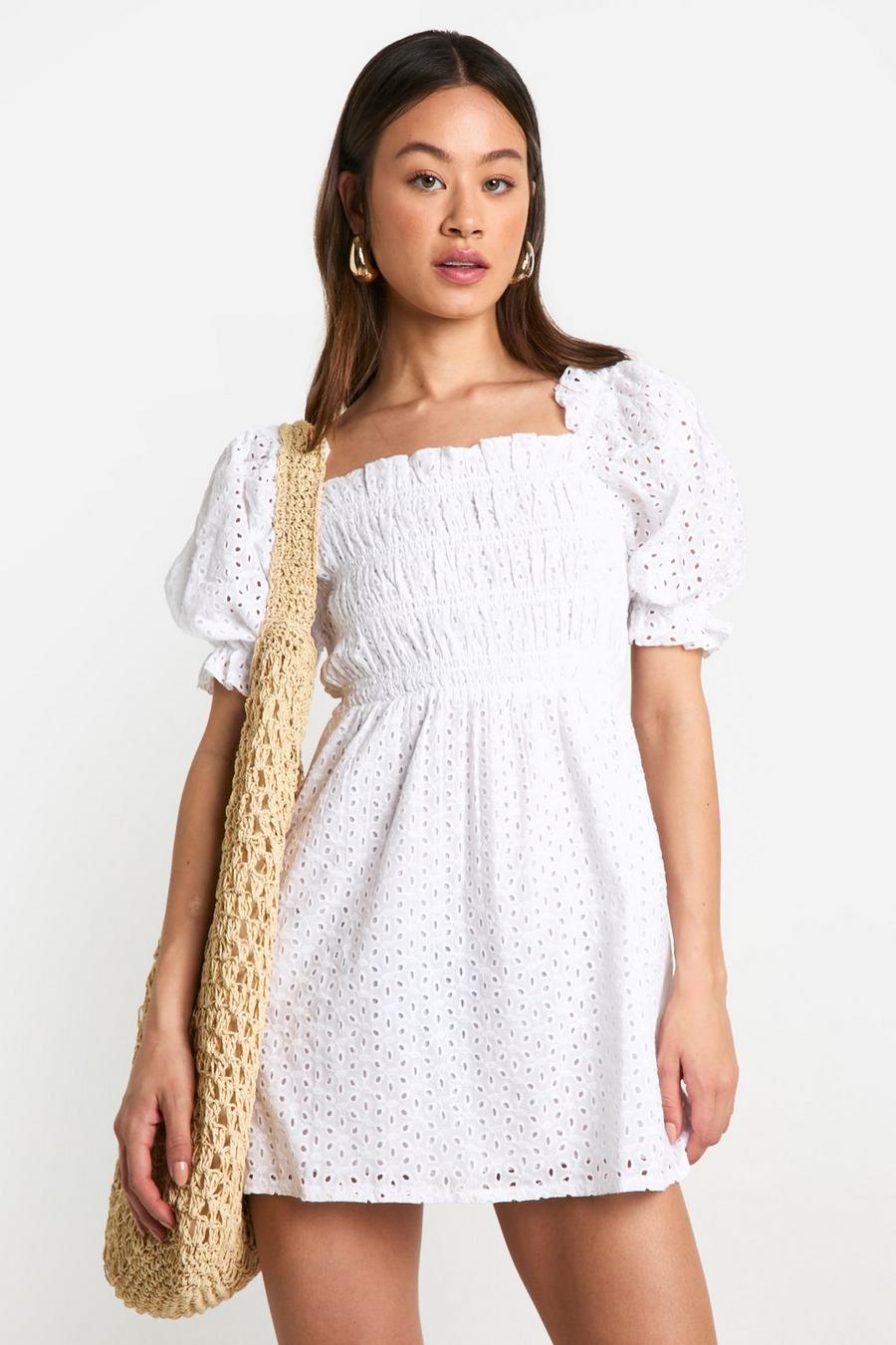 White Petite Broderie Puff Sleeve Shirred  Dress  image number 1