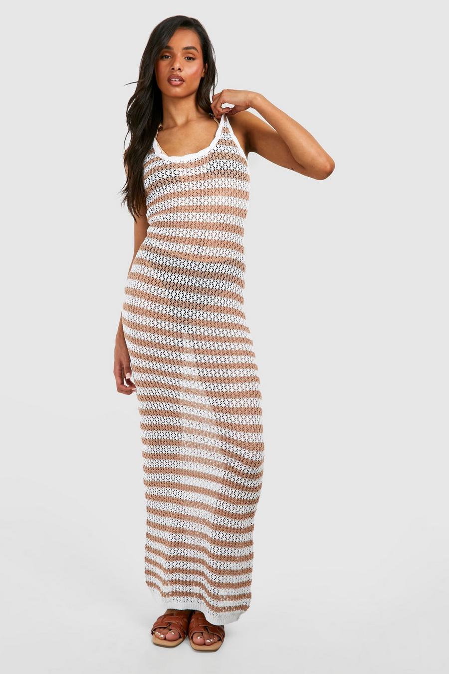 Beige Tall Stripe Crochet Beach Maxi Dress image number 1