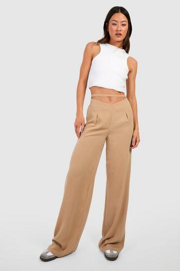 Stone Beige Tall Hammered Woven Pleated Wide Leg Trousers