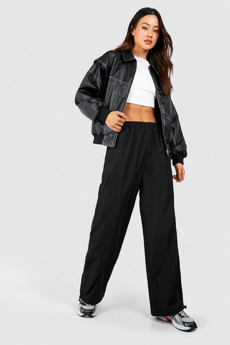 Black Tall Woven Elastic Waist Side Piping Track Pants image number 1