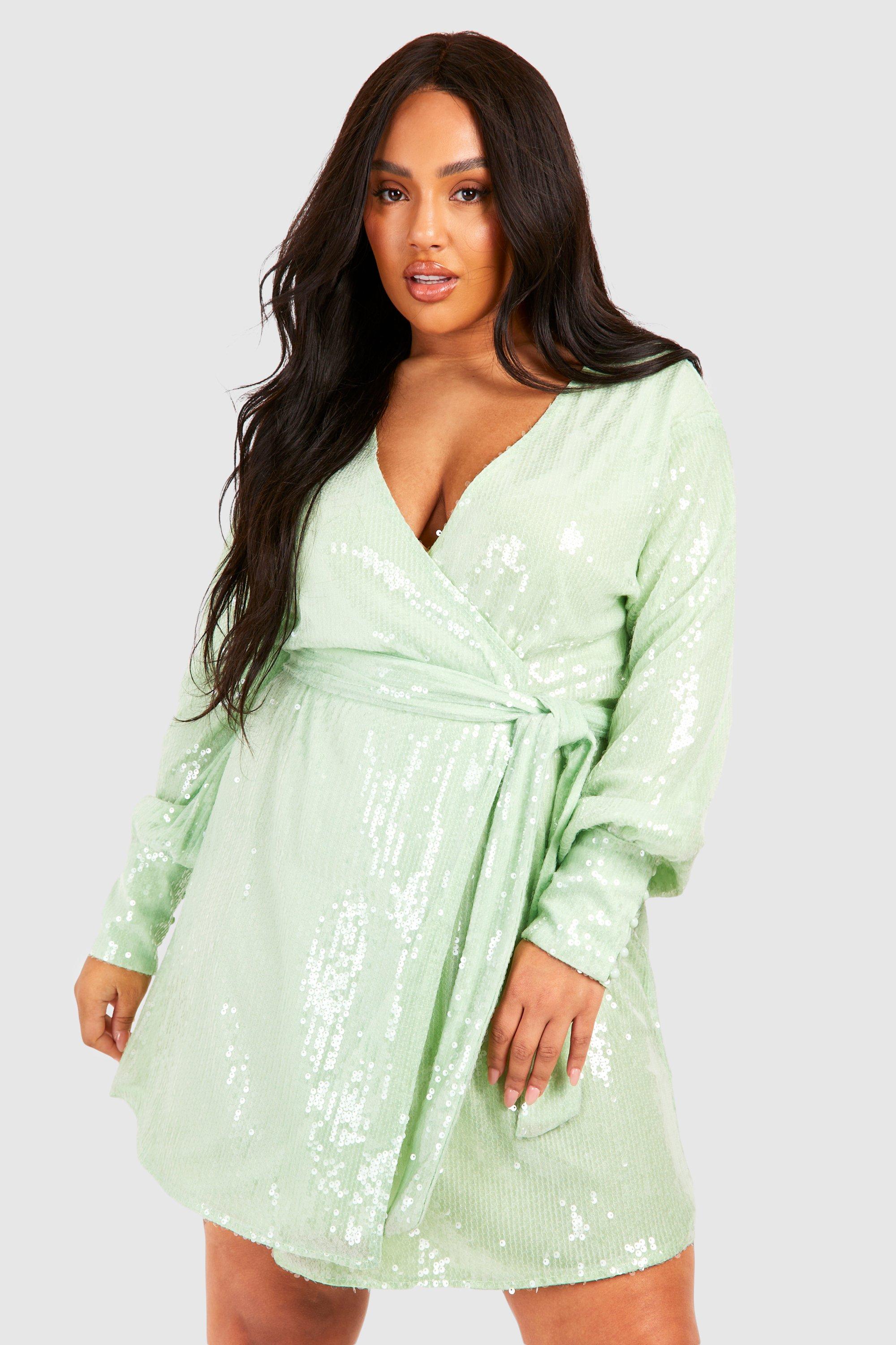 boohoo Women s Plus Sequin Wrap Dress Green Mini Dresses