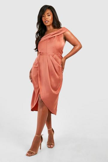 Plus Satin Corset Shoulder Wrap Midi Dress rose