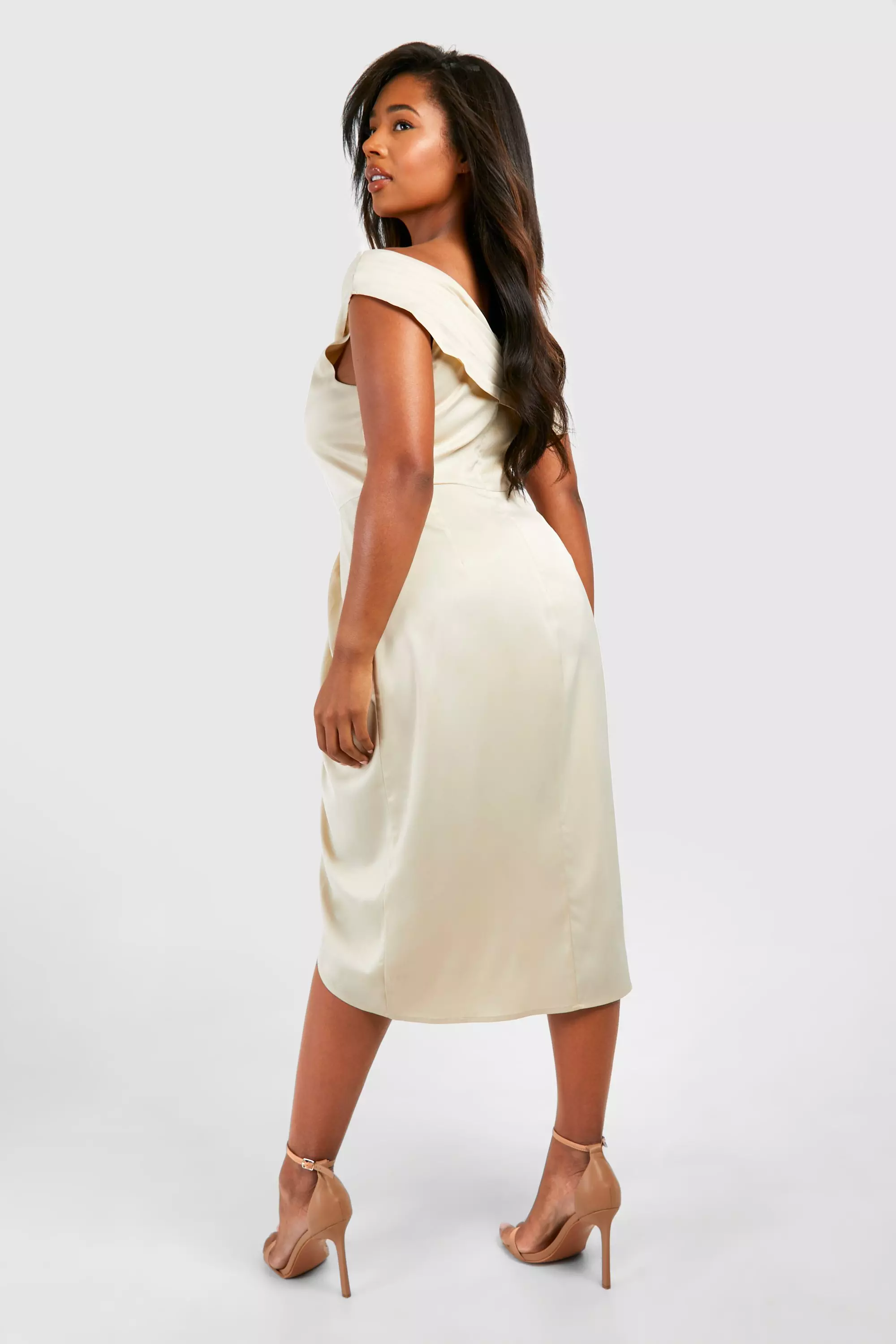 Champagne Plus Satin Corset Shoulder Wrap Midi Dress alternative image