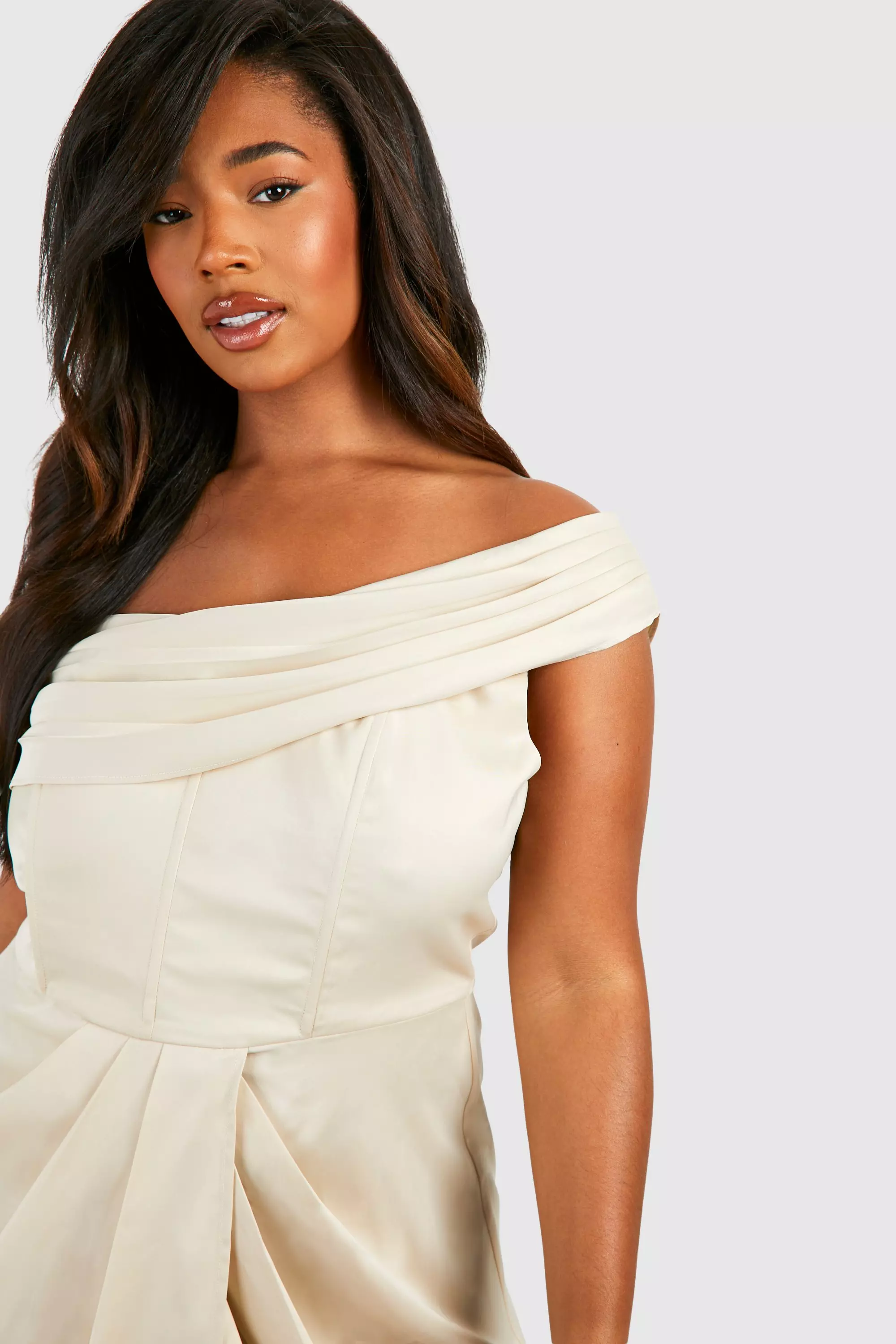 Champagne Plus Satin Corset Shoulder Wrap Midi Dress alternative image