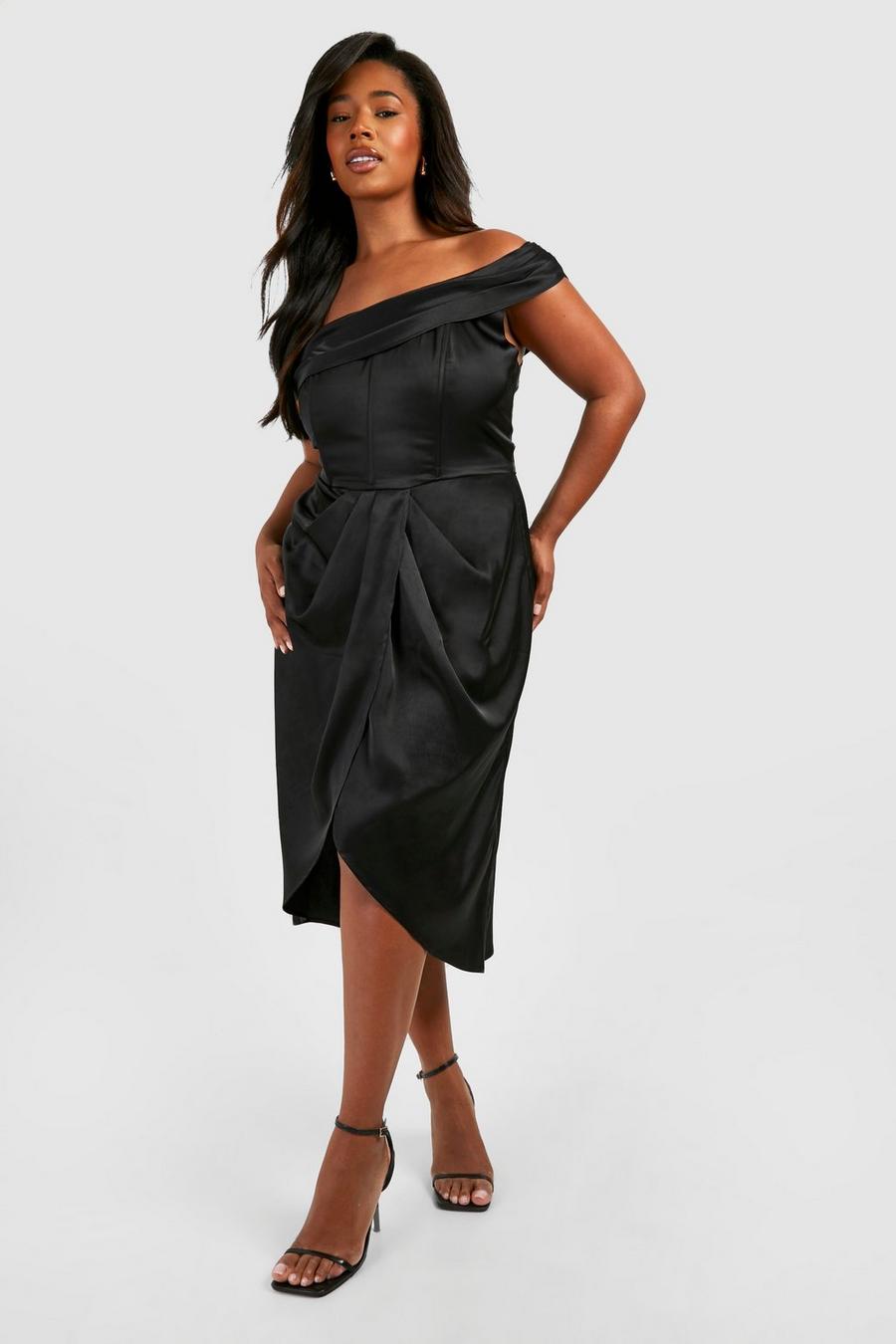 Black Plus Satin Corset Shoulder Wrap Midi Dress image number 1