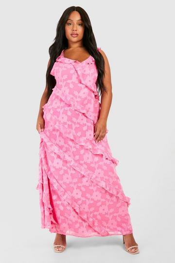 Plus Jacqard Ruffle Strappy Maxi Dress pink