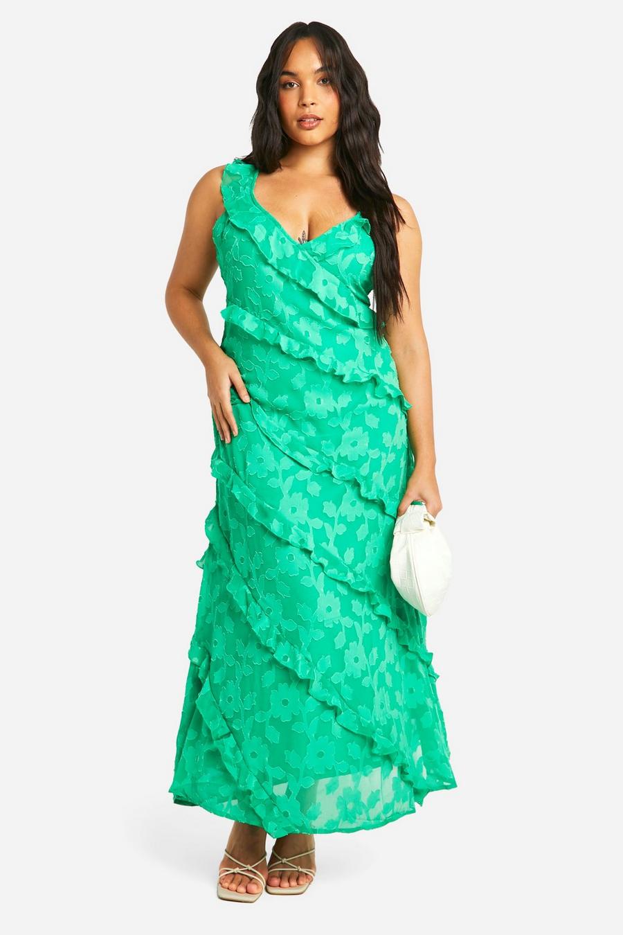 Green Plus Jacqard Ruffle Strappy Maxi Dress image number 1