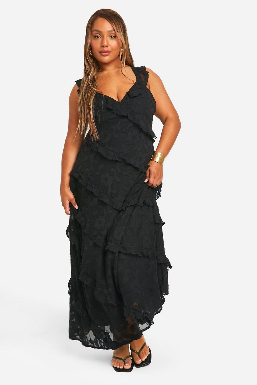 Black Plus Jacqard Ruffle Strappy Maxi Dress image number 1