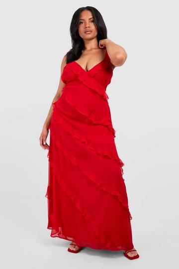 Red Plus Floral Chiffon Ruffle Maxi Dress