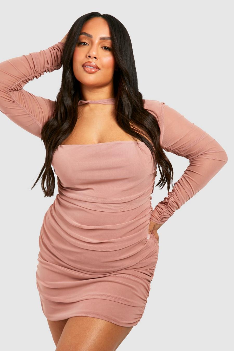 Rose Plus Mesh Twist Detail Ruched Bodycon Dress image number 1
