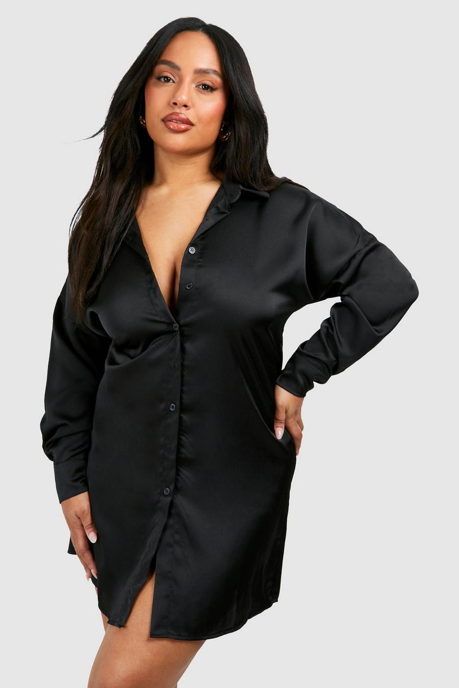 Black Plus Skjortklänning i satin image number 1