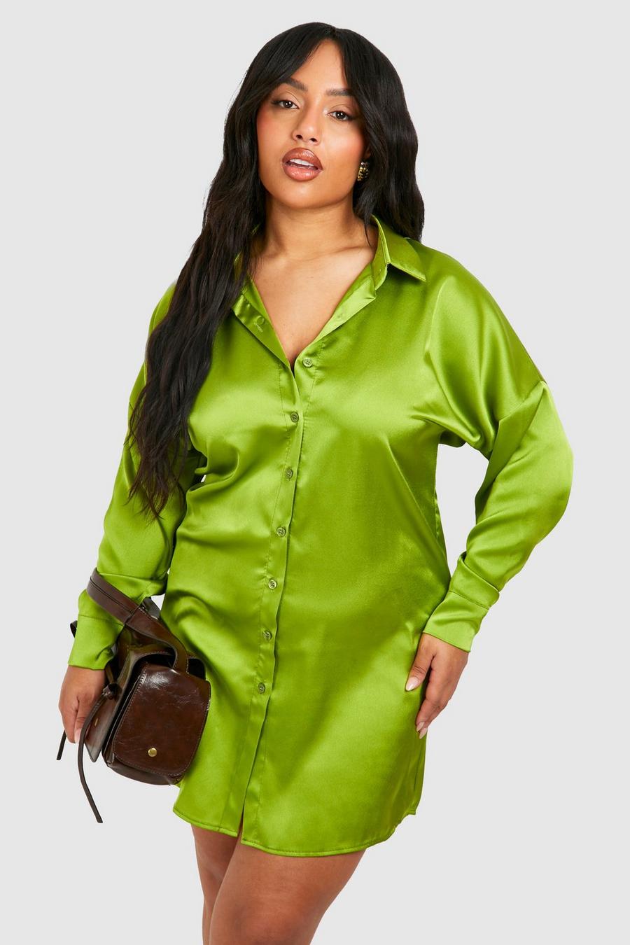 Grande taille - Robe chemise satinée, Olive grün