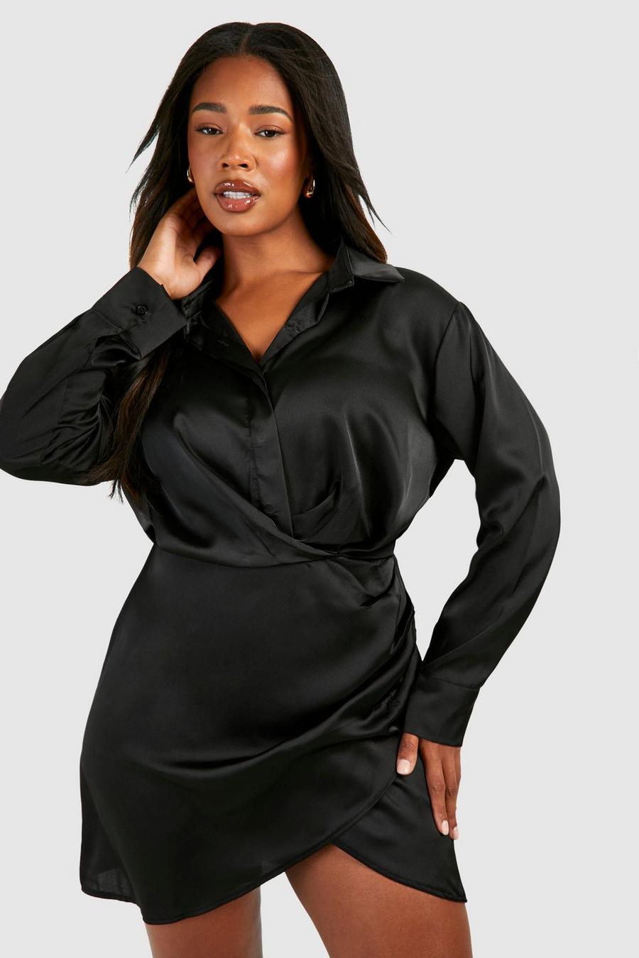 Vestito camicia Plus Size a incrocio con colletto in raso, Black image number 1