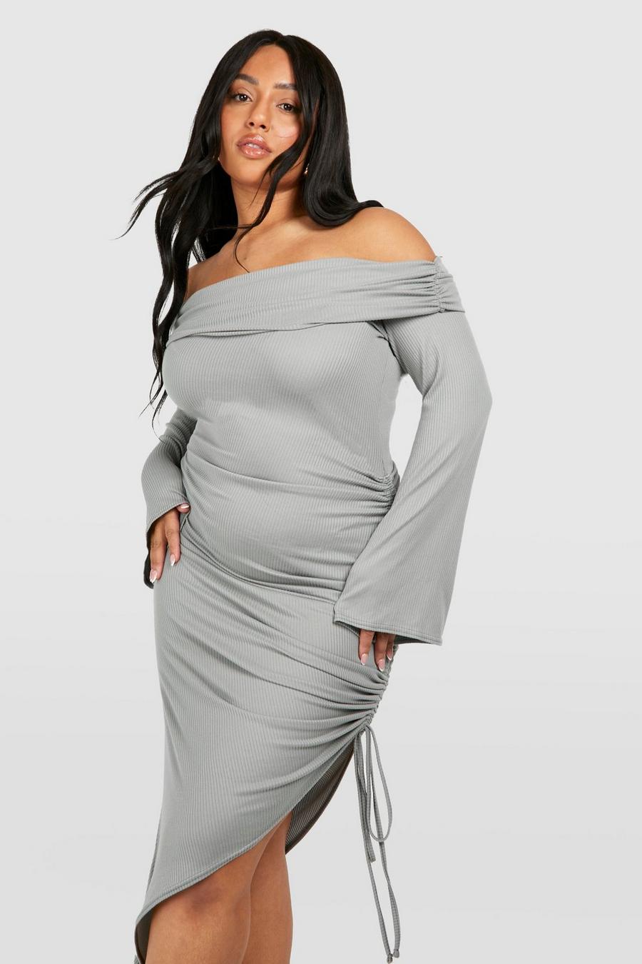 Grey Plus Soft Rib Off Shoulder Ruched Split  Dress image number 1