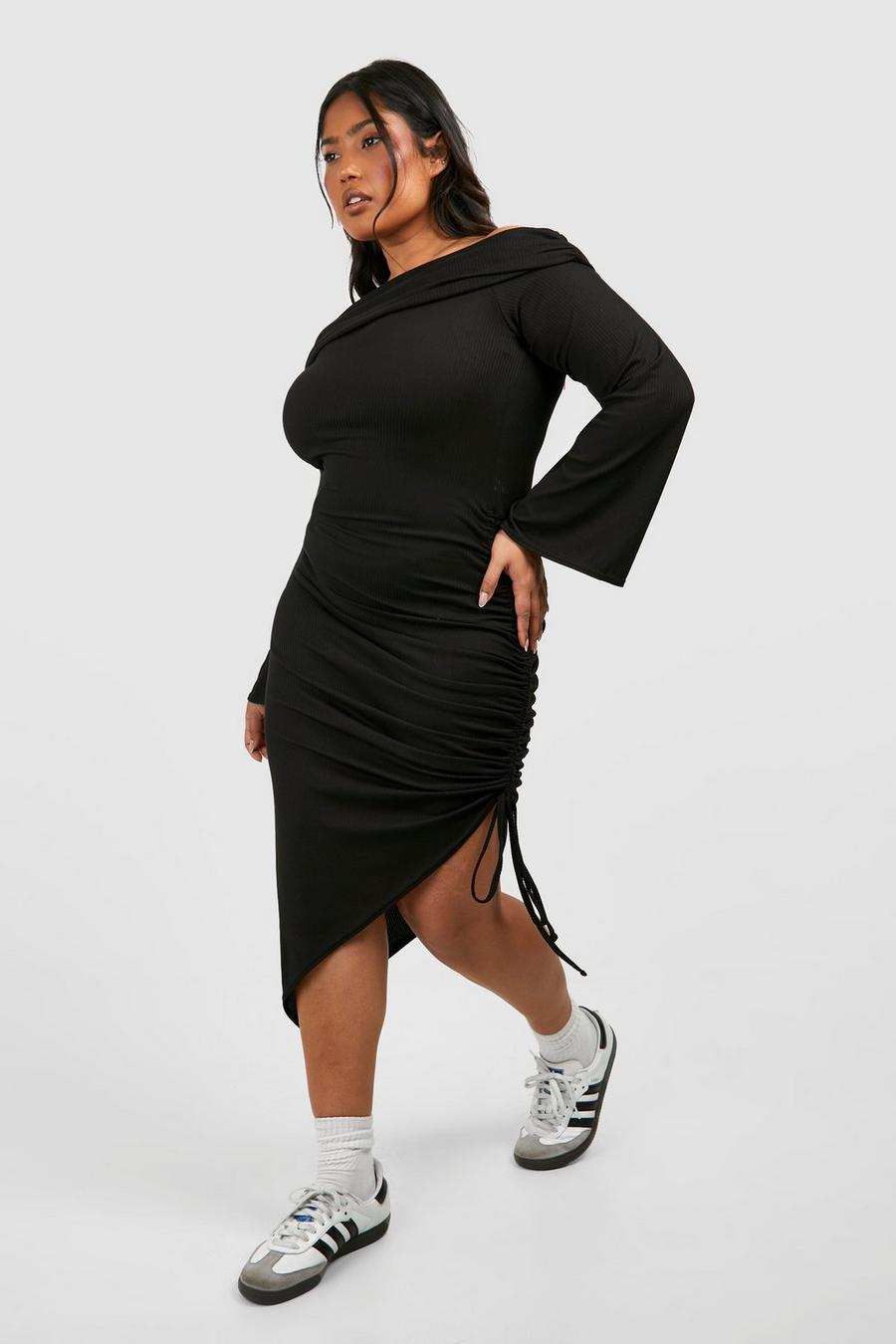 Black Plus Soft Rib Off Shoulder Ruched Split  Dress image number 1