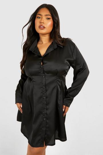 Plus Cinched Waist Loose Satin Shirt Dress black