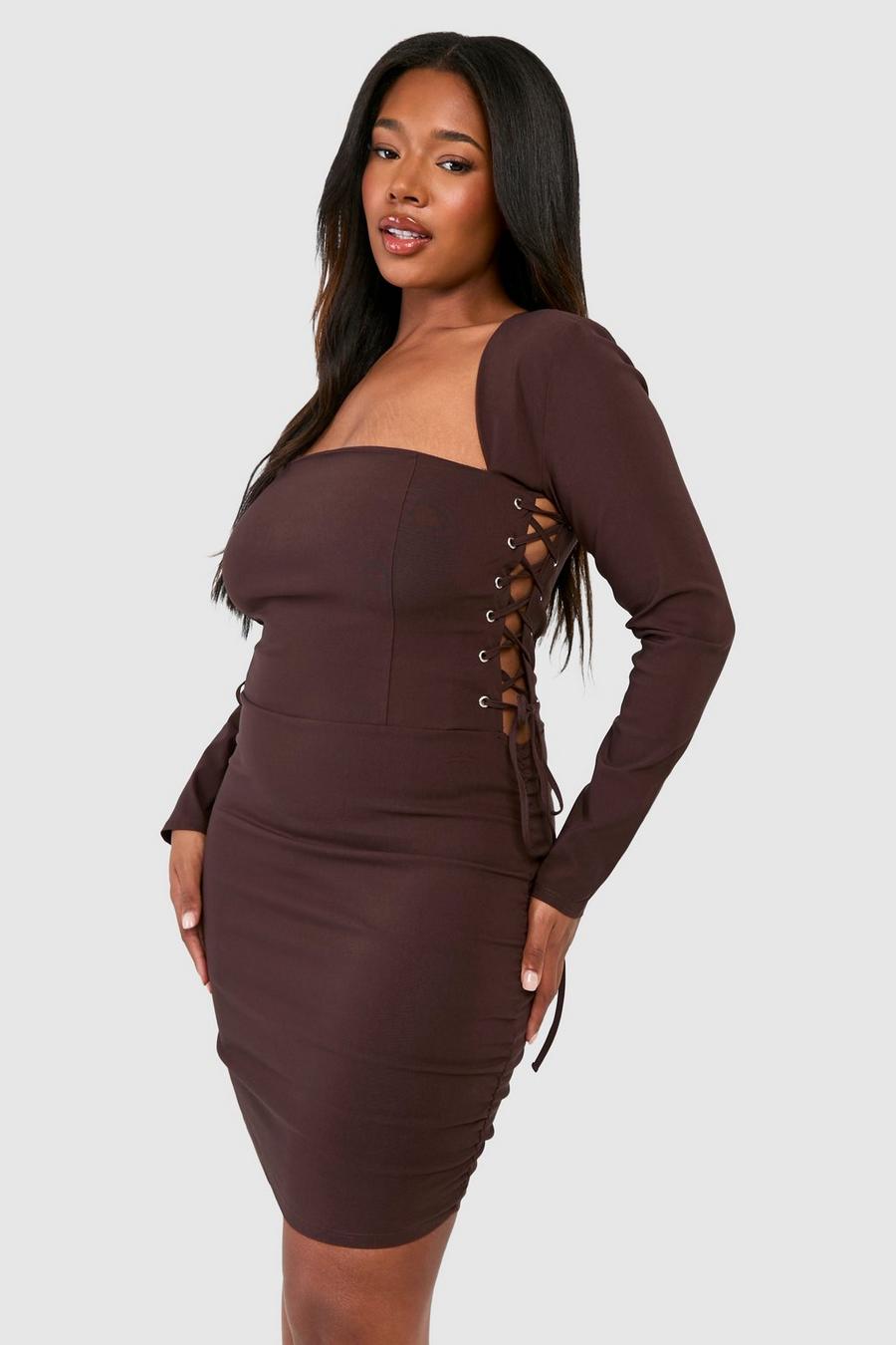 Chocolate Plus Bengaline Lace Up Square Neck Corset Bodycon Dress image number 1