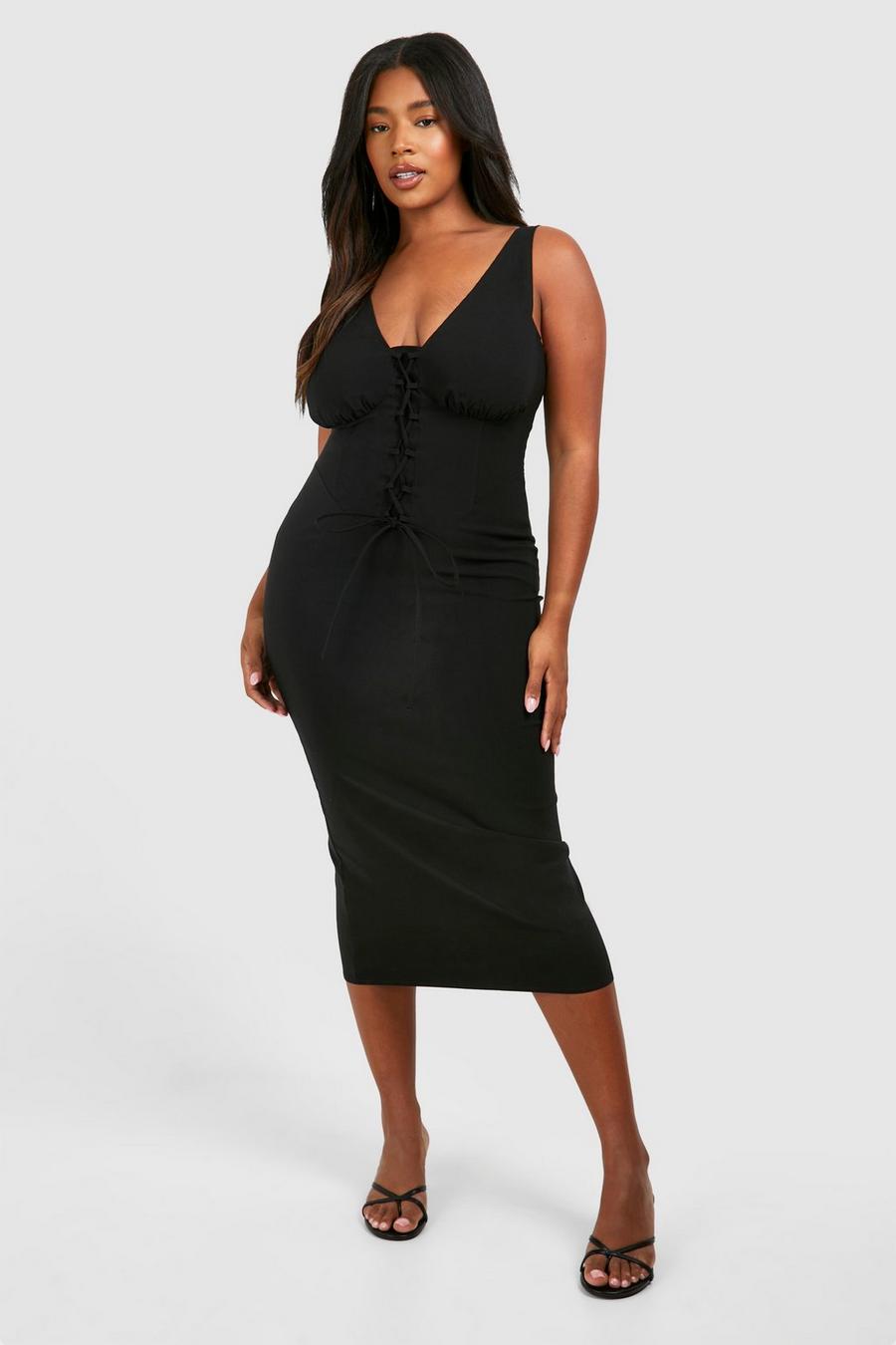 Vestito midi Plus Size stile Milkmaid con corsetto in bengalina, Black image number 1