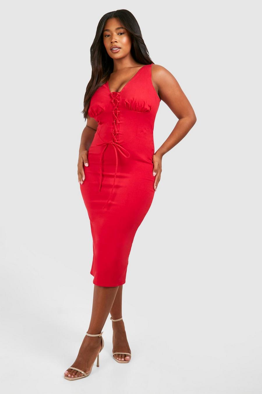 Vestito midi Plus Size stile Milkmaid con corsetto in bengalina, Red image number 1