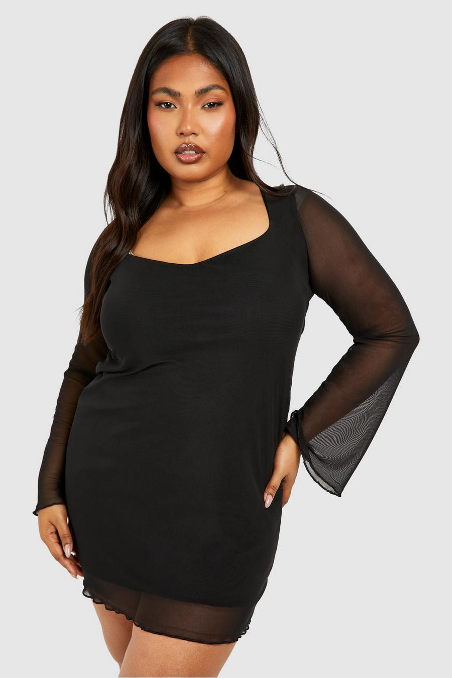 Black Plus Kort klänning i mesh med utsvängd ärm image number 1