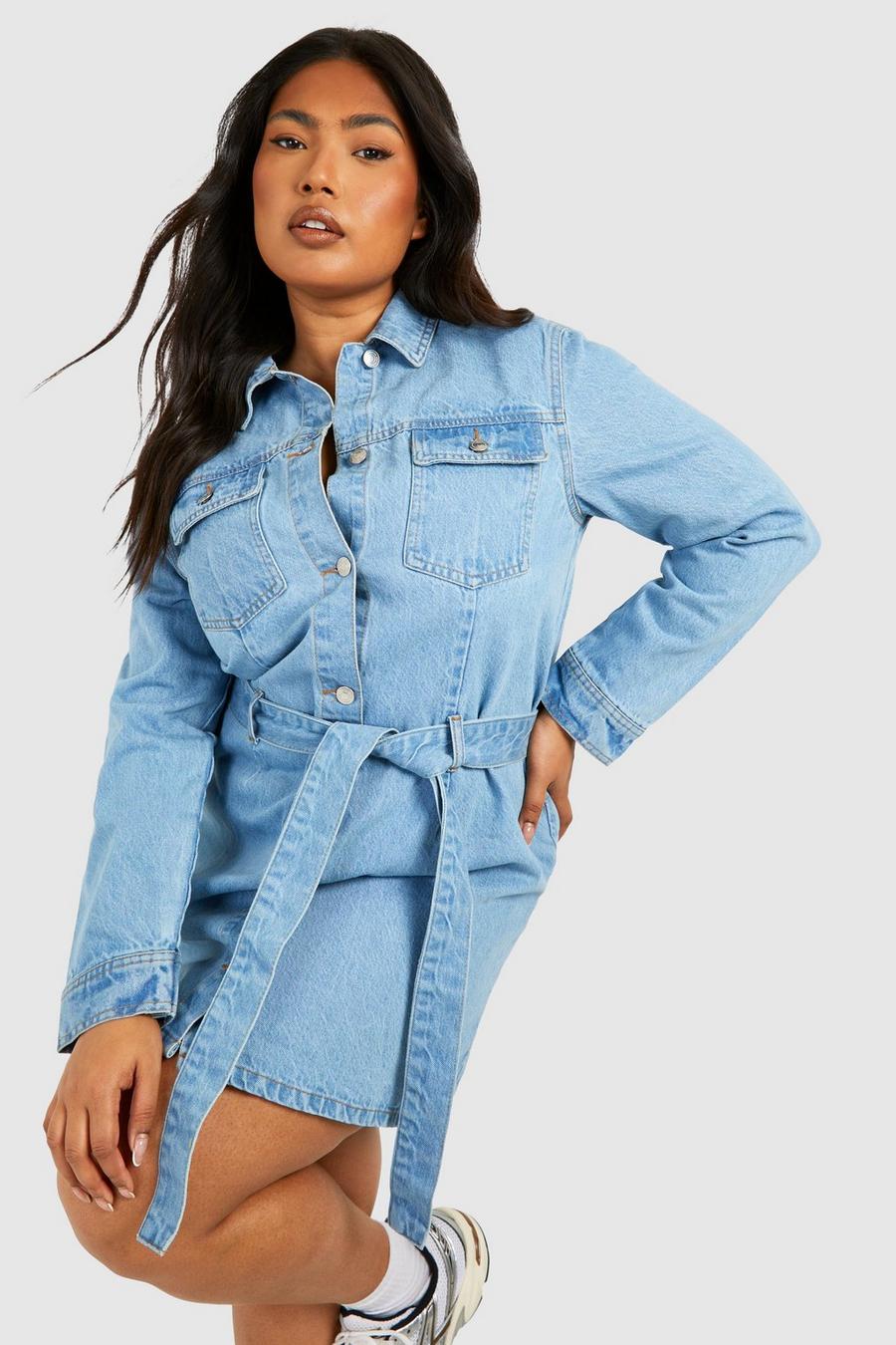 Grande taille - Robe nouée en jean à ceinture, Light blue image number 1