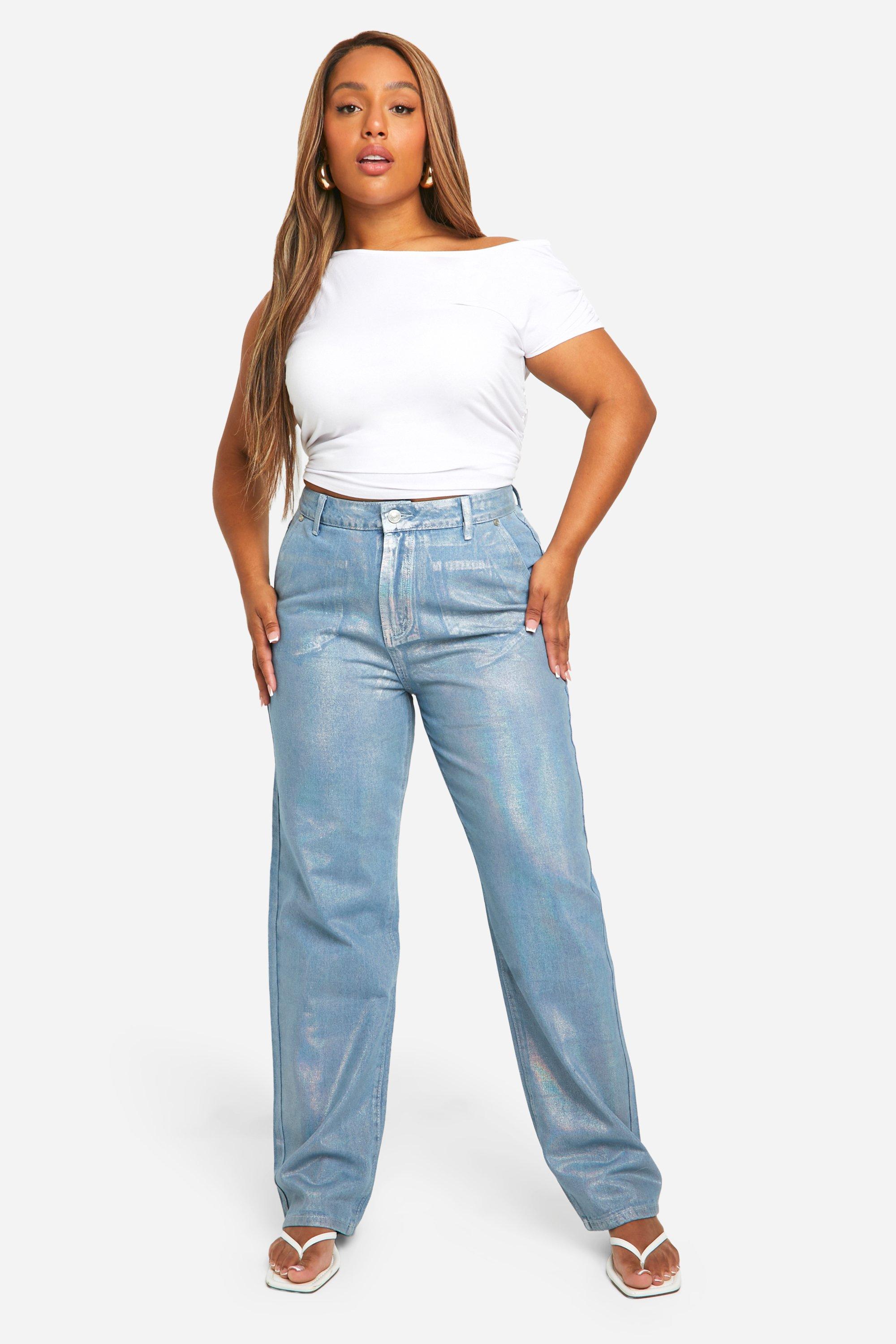 Plus Iridescent Metallic Coated Straight Leg Jeans