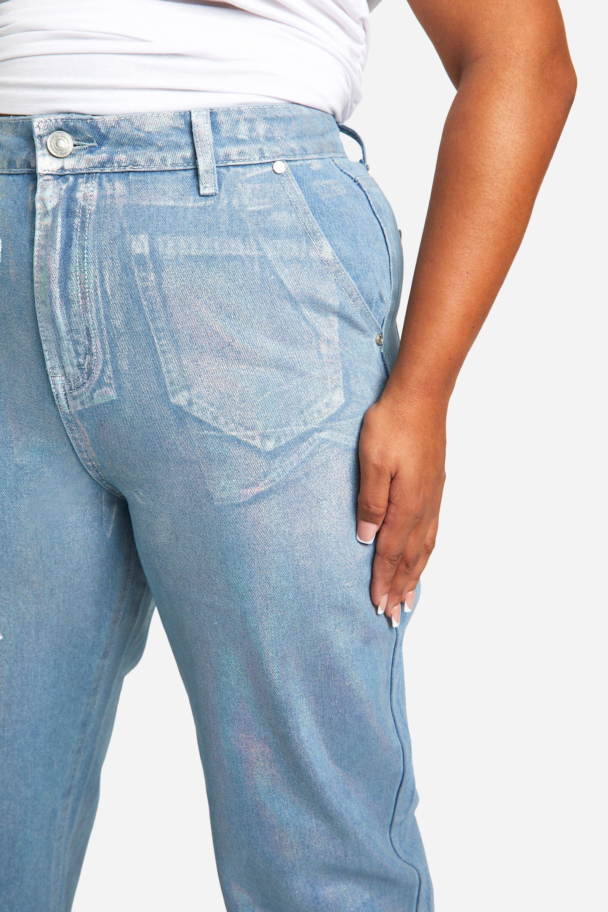 Plus Iridescent Metallic Coated Straight Leg Jeans