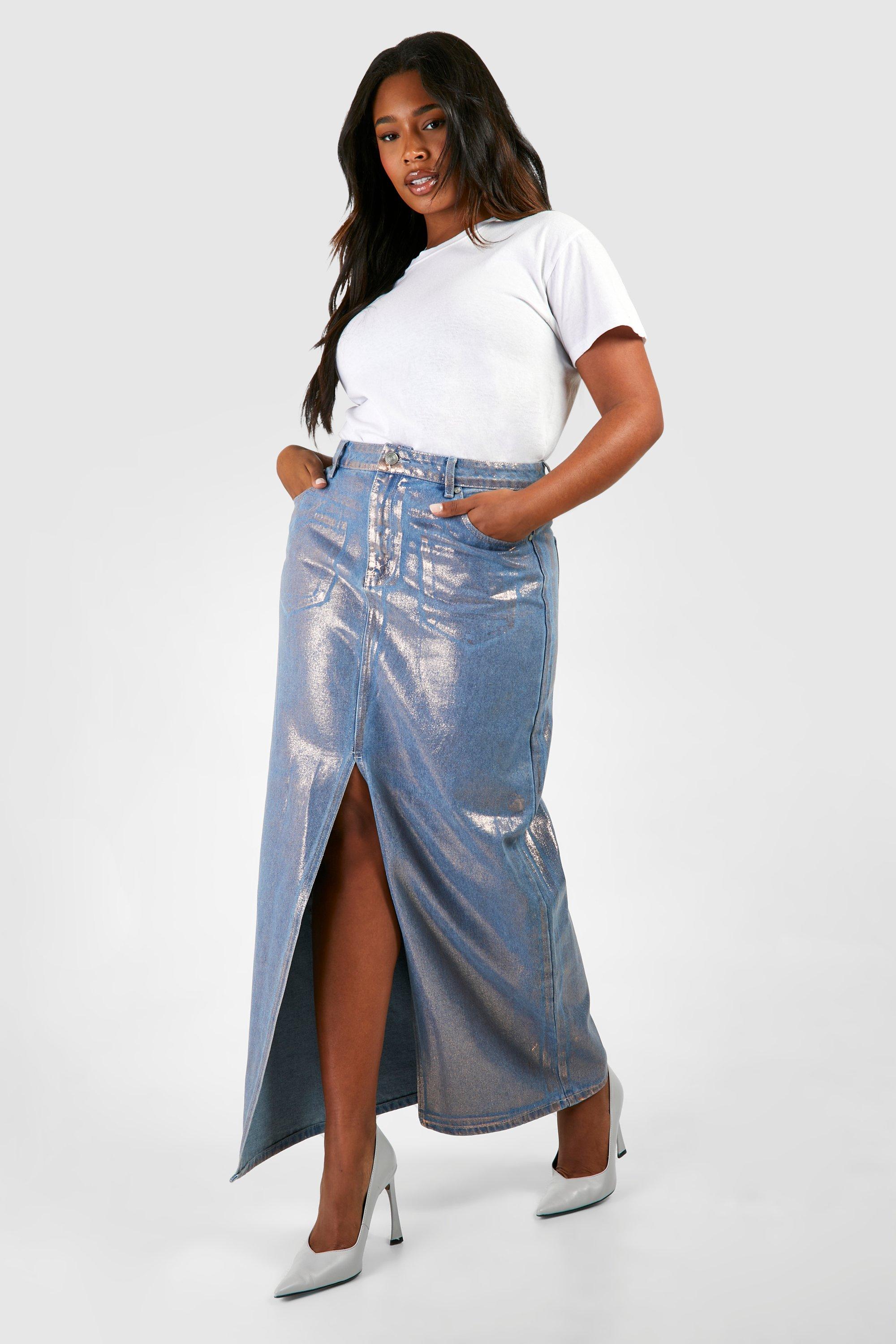 Plus Iridescent Metallic Coated Denim Maxi Skirt boohoo